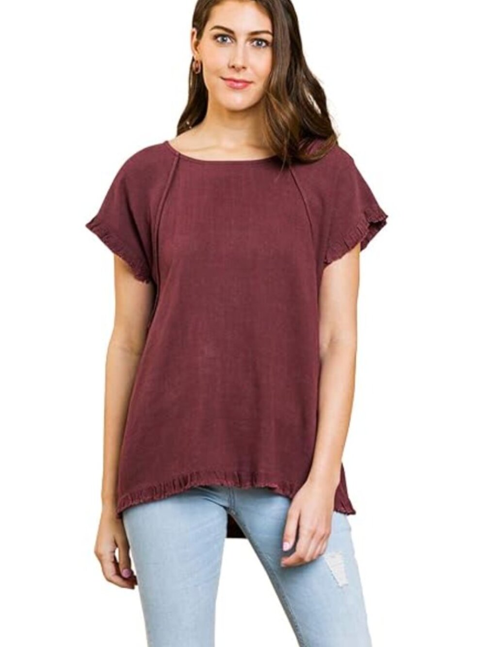 Umgee Burgundy Frayed Hem High Low Layered Tunic Top Medium Boho